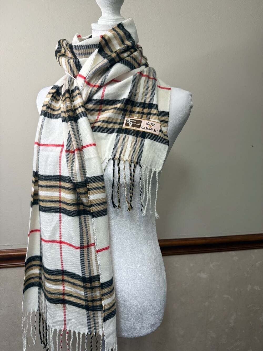 Kennedy Scotland Plaid Scarf White Cashmere